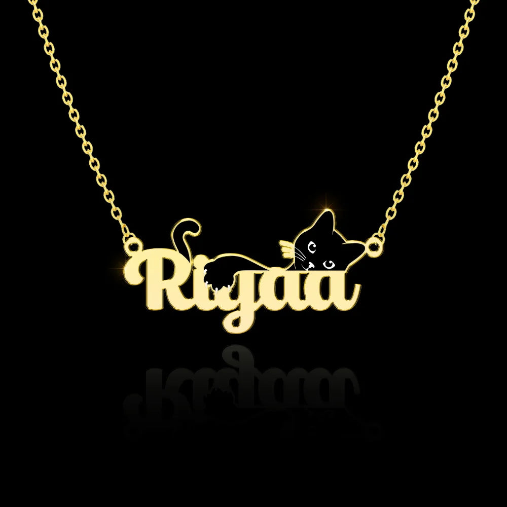 24K Gold Plated Personalize Cat Laying On Name Enamel Necklace