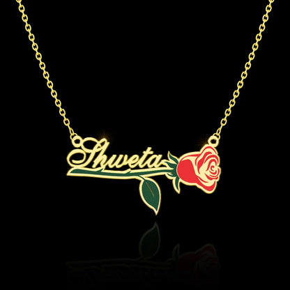 24K Gold Plated Personalize Enamel Rose with Name Necklace