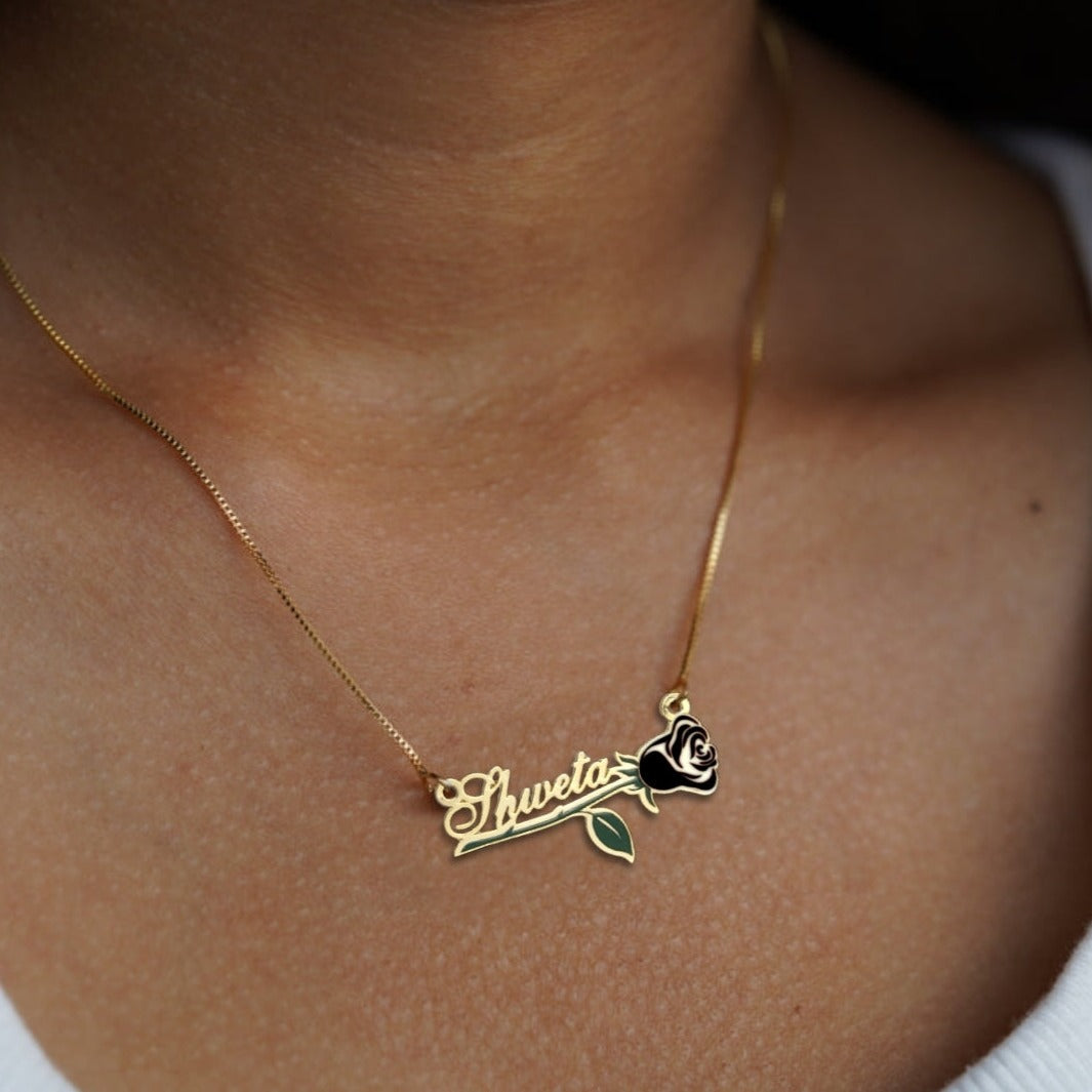 24K Gold Plated Personalize Enamel Rose with Name Necklace