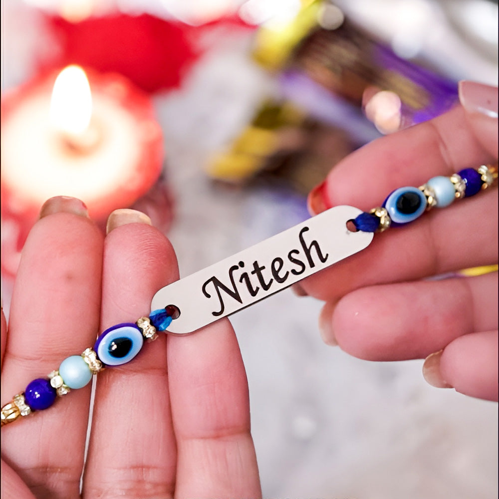 Personalized Engraved Name Silver Rakhi With Evil Eye