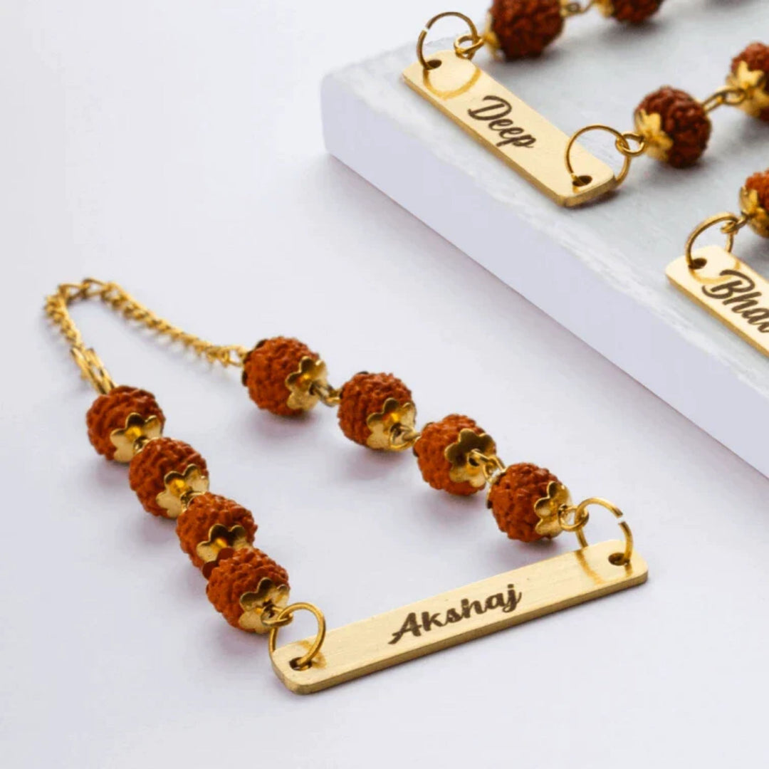 Personalized Engraved  Rudraksha Name Golden Rakhi