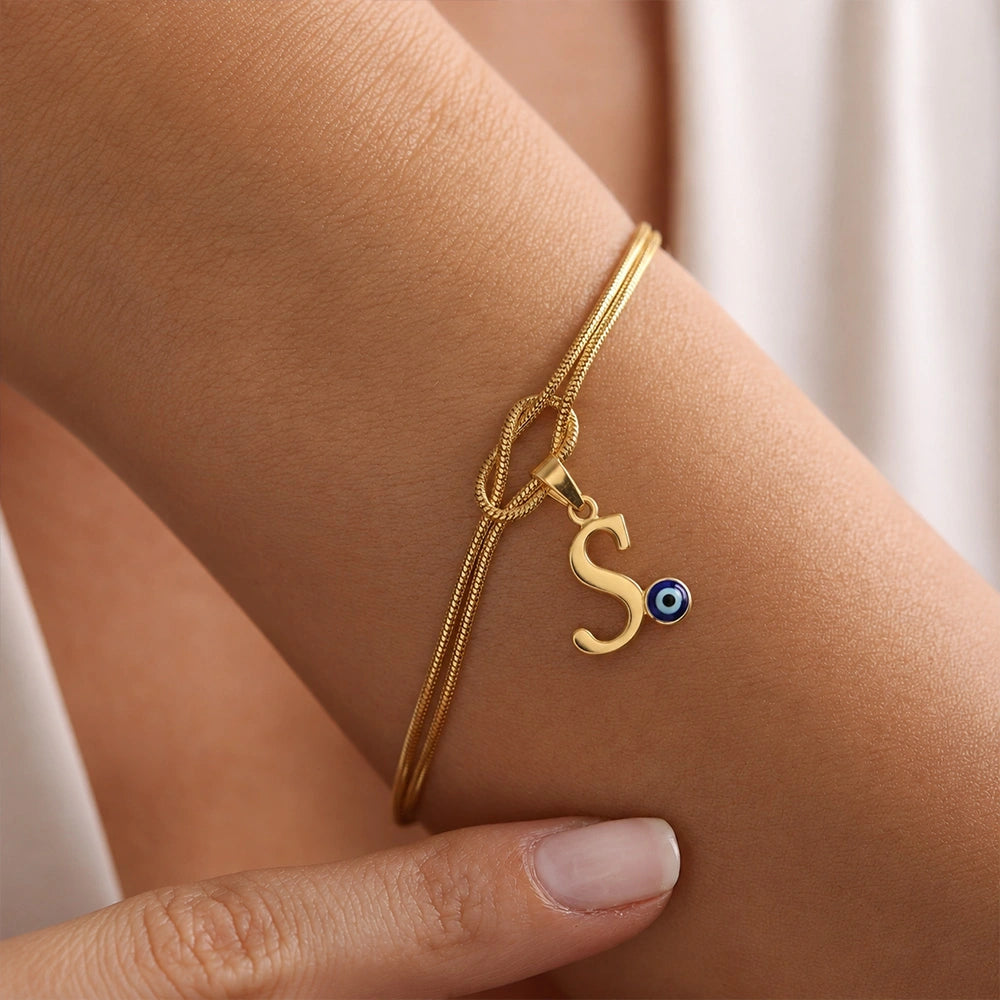 Personalized Initial Anklet & Bracelet Combo with Evil Eye Charm & Heart Extension