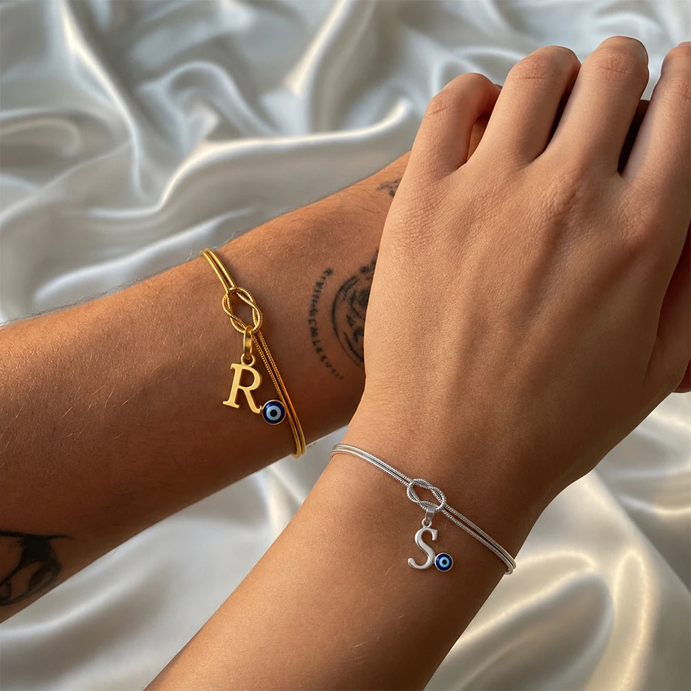 Personalized Knot Initial Couple Bracelets with Evil Eye Charm