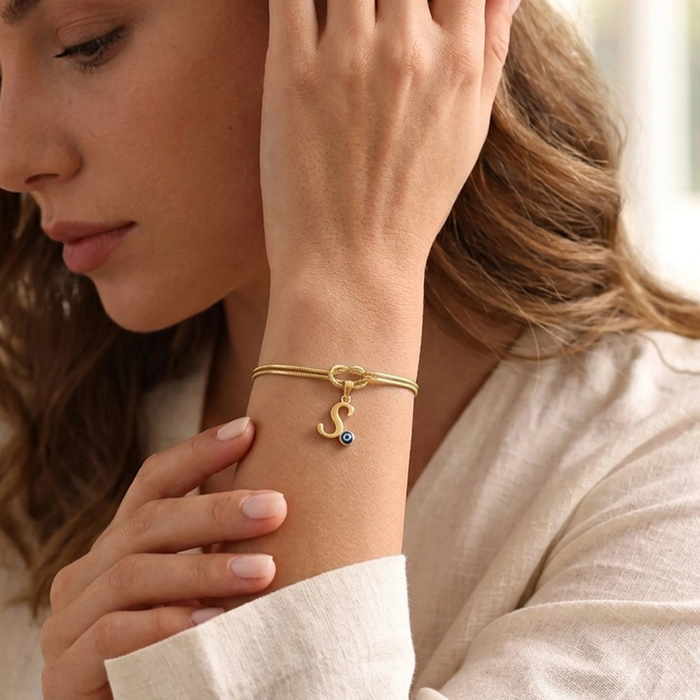 Personalized Knot Initial Couple Bracelets with Evil Eye Charm