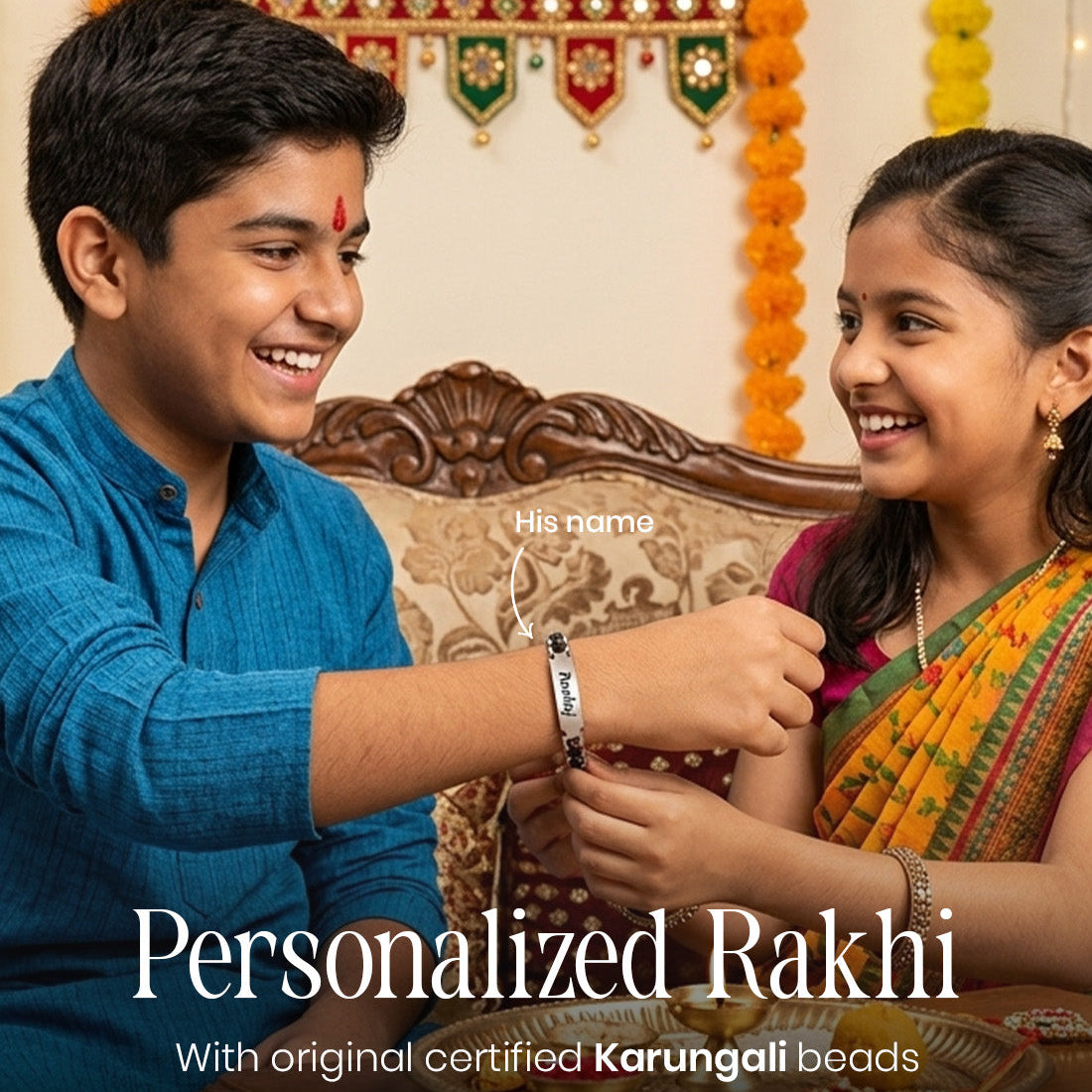 Personalized Karungali Name Bracelet Style Rakhi | Lab Tested & Certified | 1 Year Color Warranty