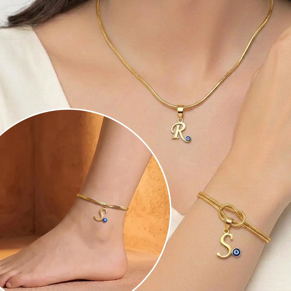 Personalized Initial & Evil Eye Trio – Pendant, Bracelet & Anklet Combo Set