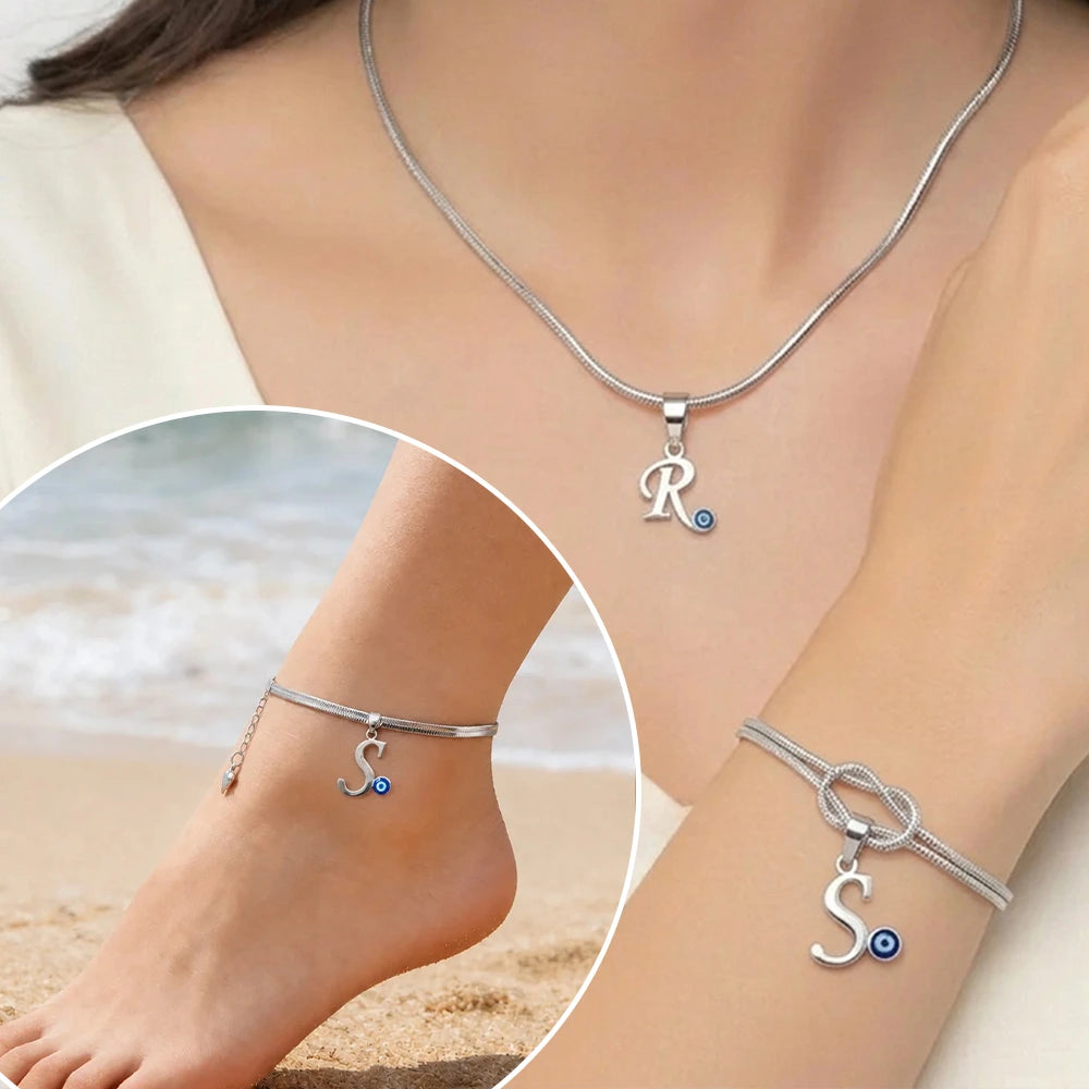 Personalized Initial & Evil Eye Trio – Pendant, Bracelet & Anklet Combo Set