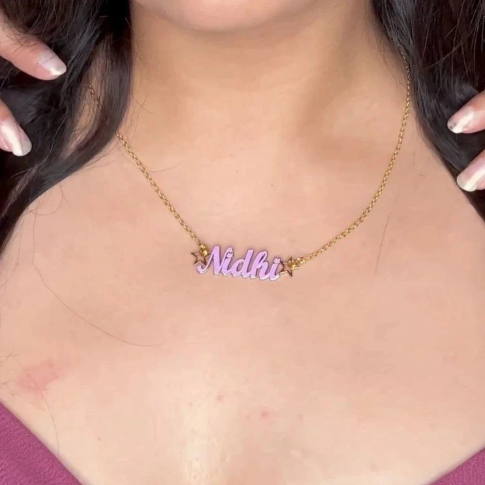 24K Gold Plated Personalize Name With Star Enamel Necklace