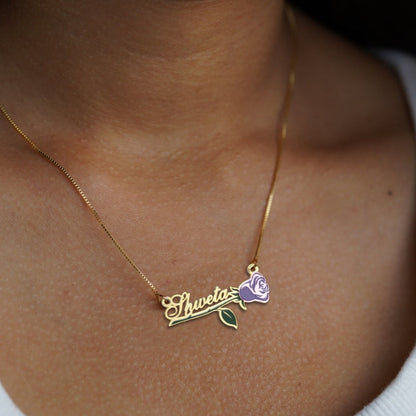 24K Gold Plated Personalize Enamel Rose with Name Necklace