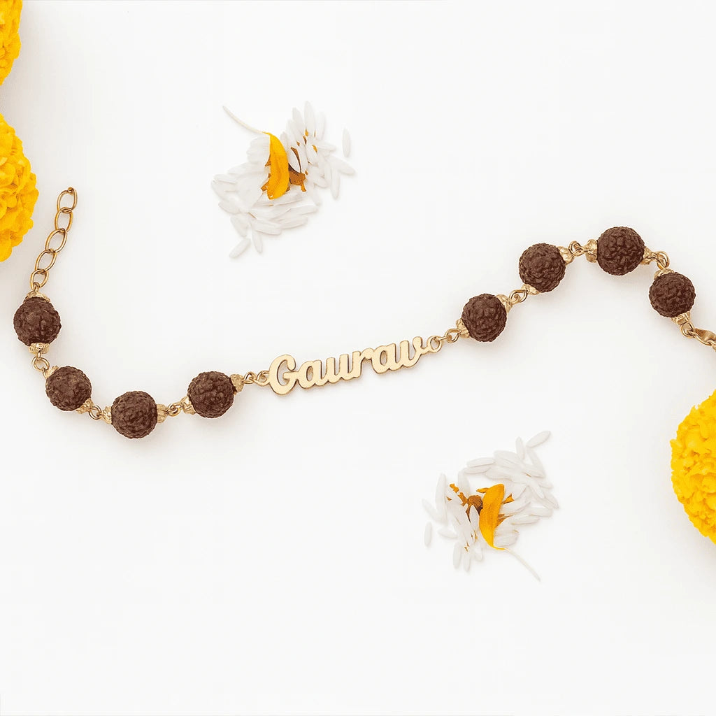 24K Gold Plated Personalized Cut Name Rudraksha Rakhi