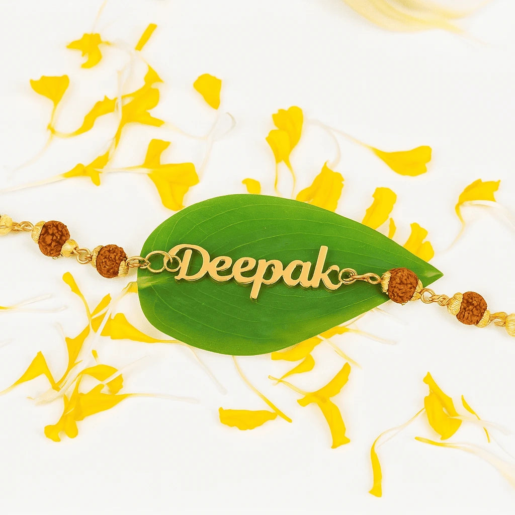 24K Gold Plated Personalized Cut Name Rudraksha Rakhi