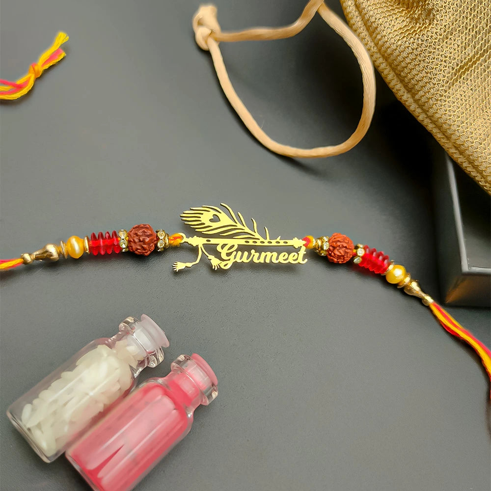 24K Gold Plated Personalized Rudraksha Name Rakhi - Krishna Flute