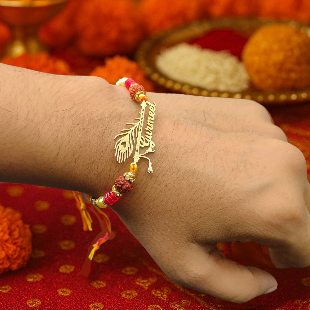 24K Gold Plated Personalized Rudraksha Name Rakhi - Krishna Flute