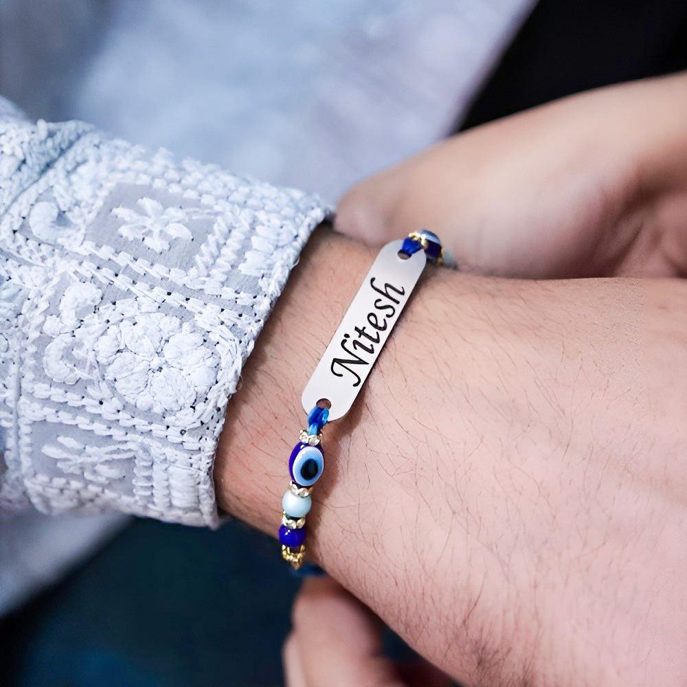 Personalized Engraved Name Silver Rakhi With Evil Eye
