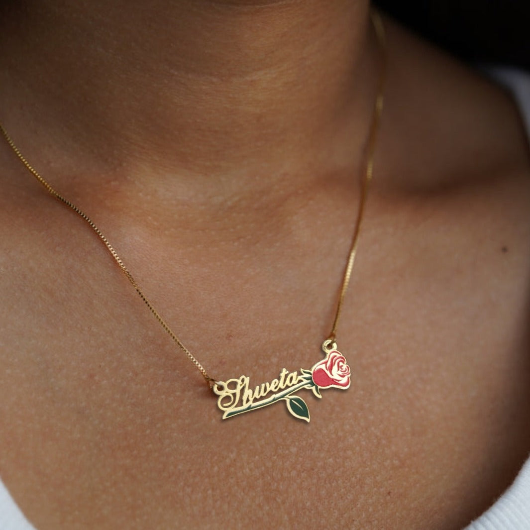 24K Gold Plated Personalize Enamel Rose with Name Necklace