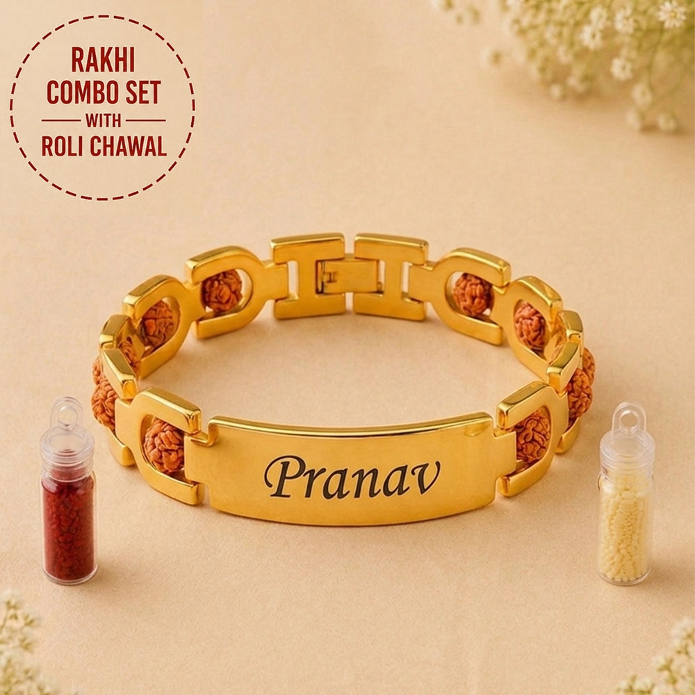 Personalized 24K Gold Plated Bracelet Style Rudraksha Name Rakhi