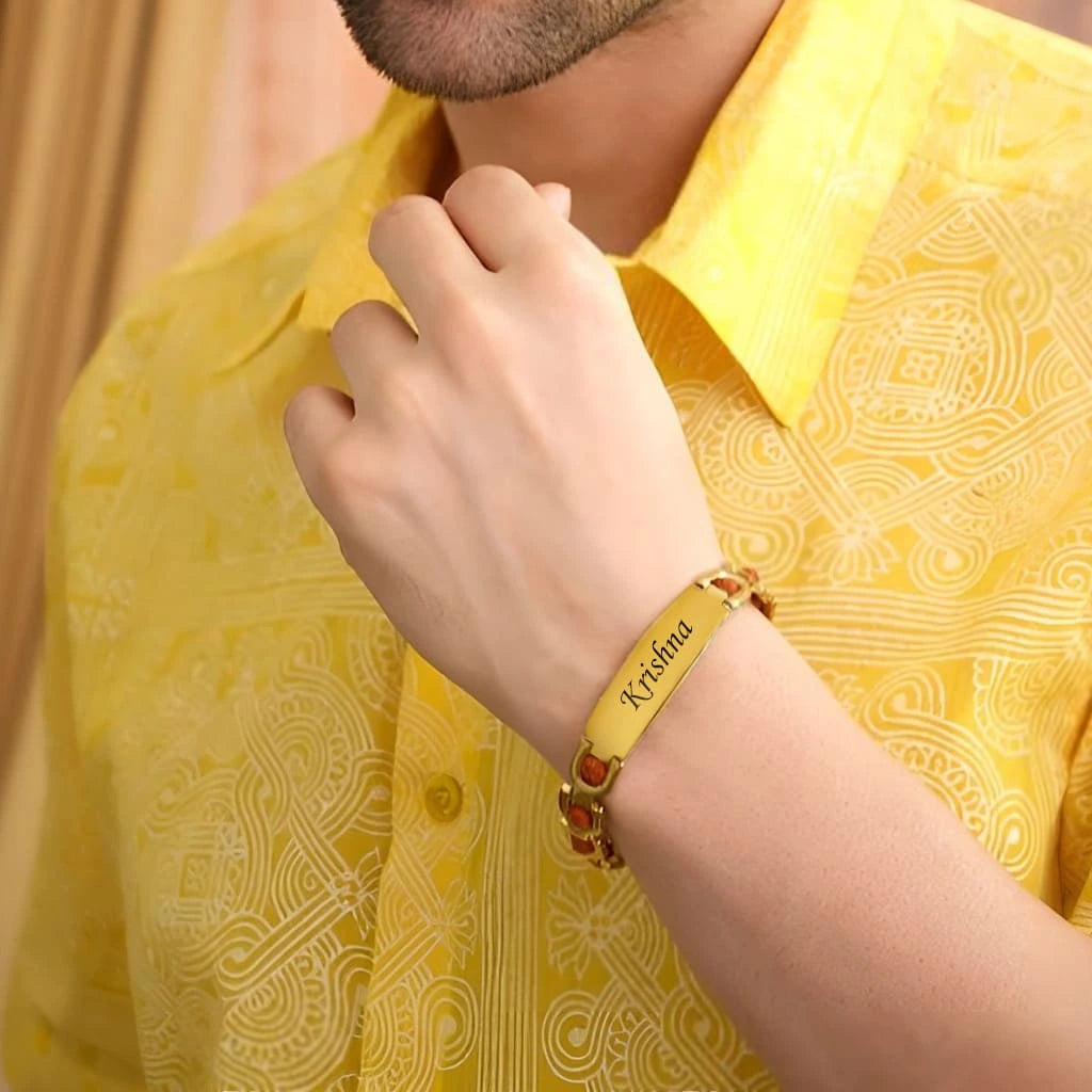 Personalized 24K Gold Plated Bracelet Style Rudraksha Name Rakhi