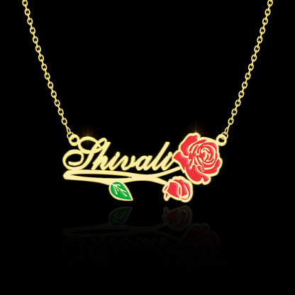 24K Gold Plated Personalize Dainty Name With Vintage Flower Enamel Name Necklace