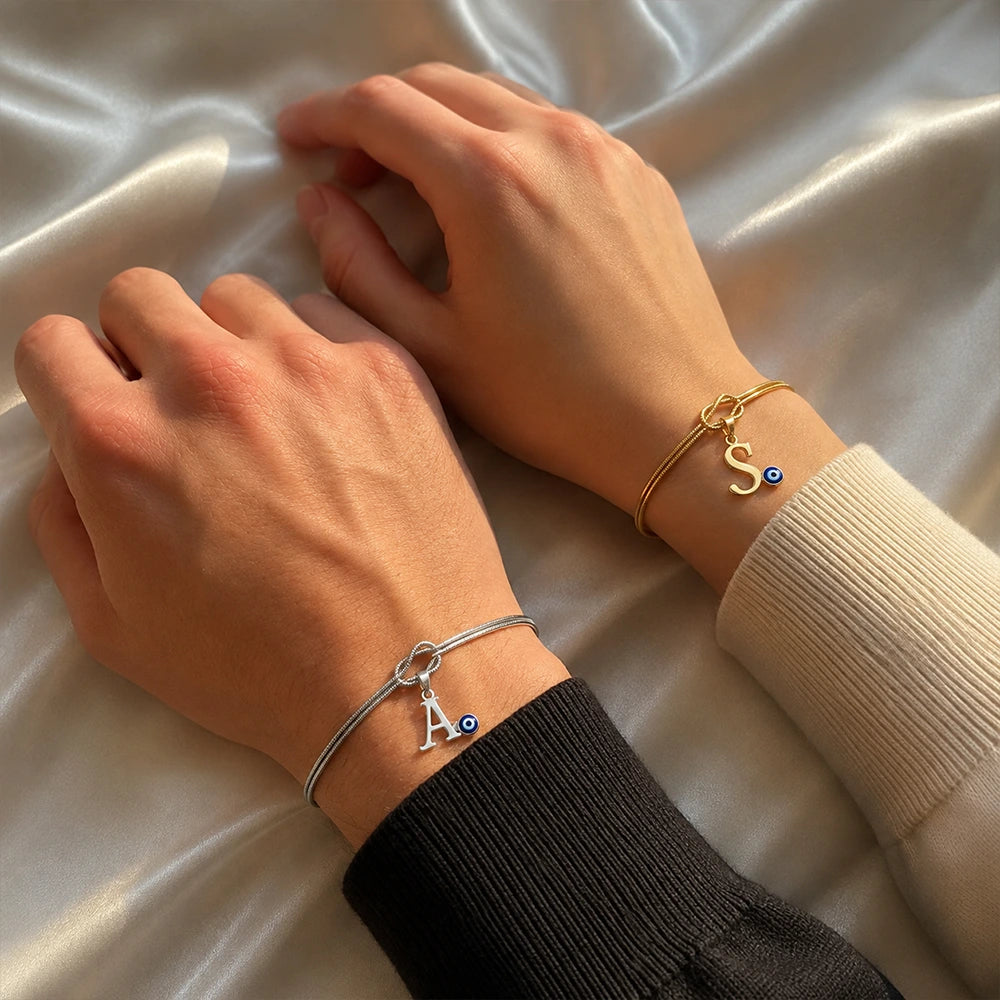 Personalized Knot Initial Couple Bracelets with Evil Eye Charm