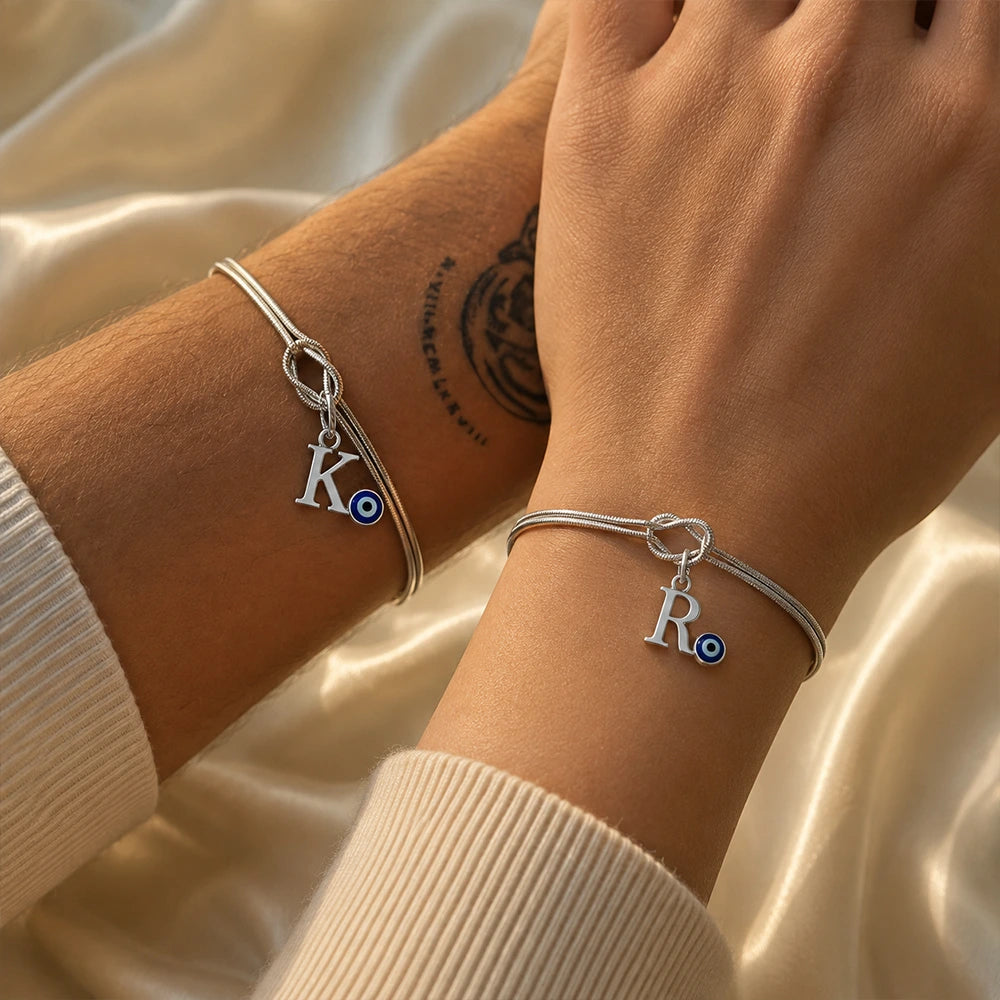 Personalized Knot Initial Couple Bracelets with Evil Eye Charm