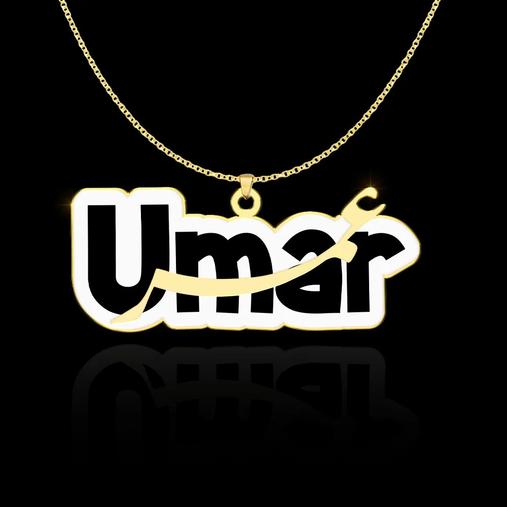 24K Gold Plated Persnolize English & Urdu Enamel Couple Name Necklace