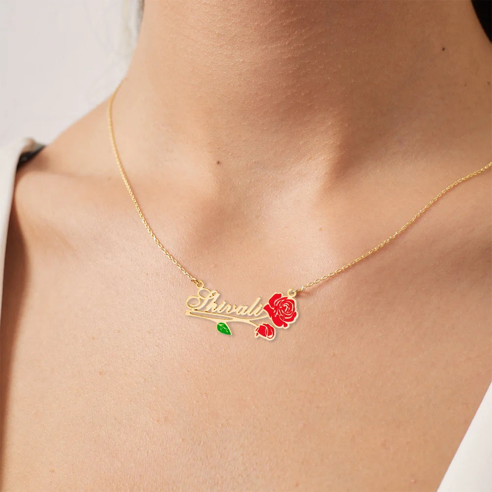 24K Gold Plated Personalize Dainty Name With Vintage Flower Enamel Name Necklace