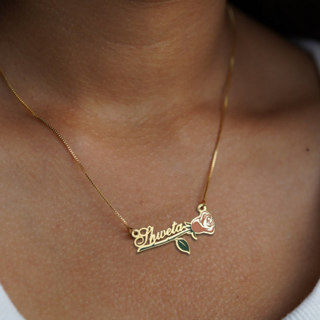 24K Gold Plated Personalize Enamel Rose with Name Necklace