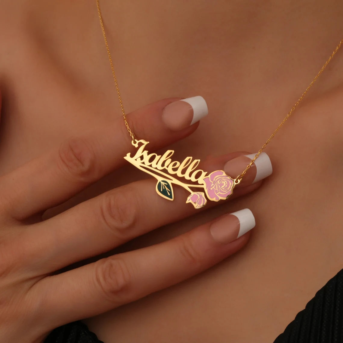 24K Gold Plated Personalize Dainty Name With Vintage Flower Enamel Name Necklace