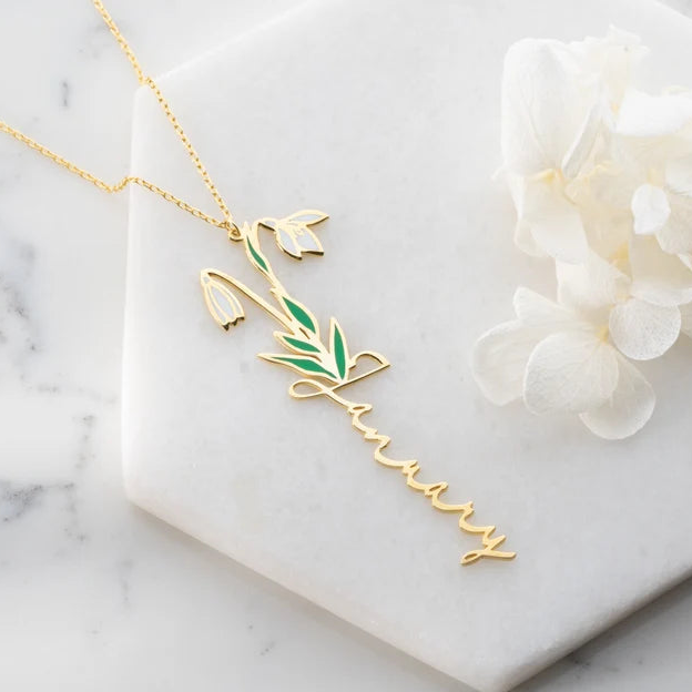 24K Gold Plated Personalize Enamel Snowdrop Flower With Name Necklace