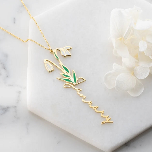 24K Gold Plated Personalize Enamel Snowdrop Flower With Name Necklace