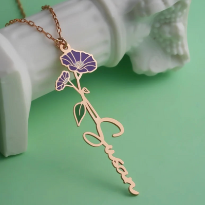 24K Gold Plated Personalize Enamel Morning Glory Flower Name Necklace