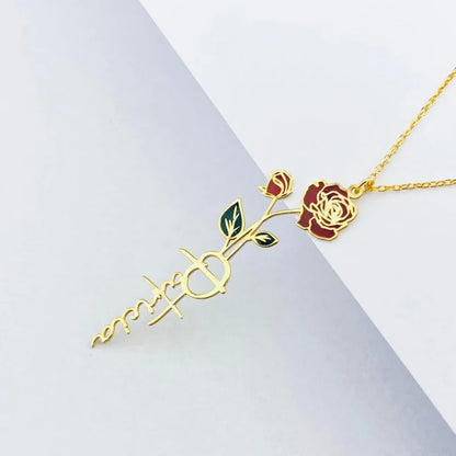 24K Gold Plated Personalize Enamel Rose Flower Name Necklace