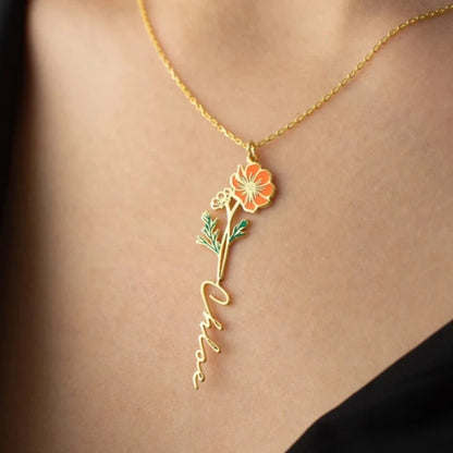 24K Gold Plated Personalize Enamel Cosmos Flower Name Necklace