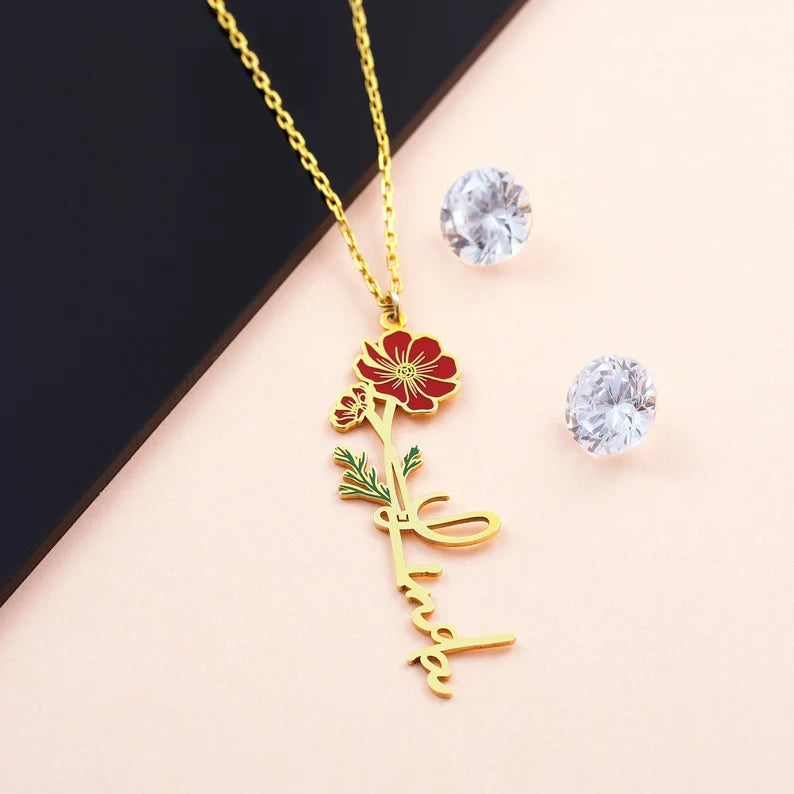 24K Gold Plated Personalize Enamel Cosmos Flower Name Necklace