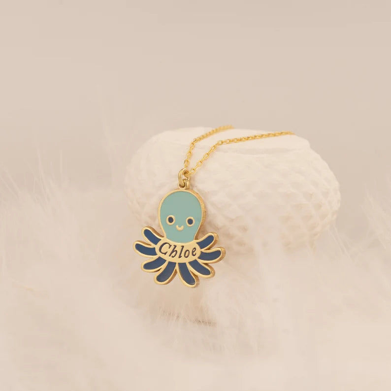 24K Gold Plated Personalize Name With Cute Octopus Enamel Necklace