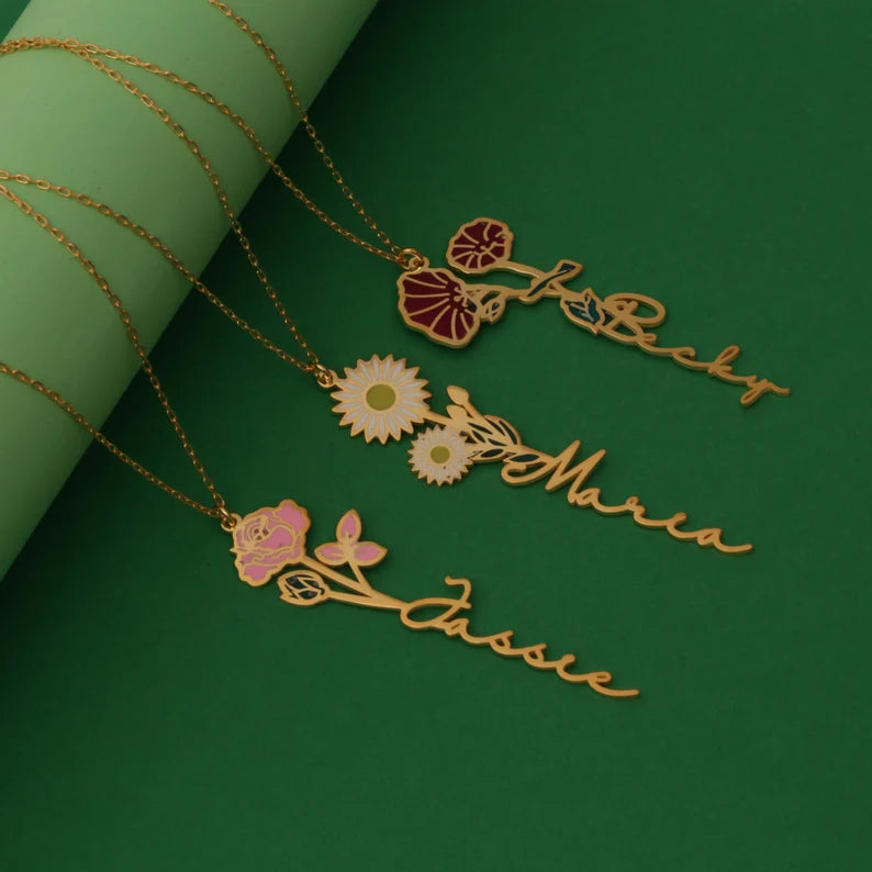 24K Gold Plated Personalize Enamel Daisy Flower Name Vertical Necklace