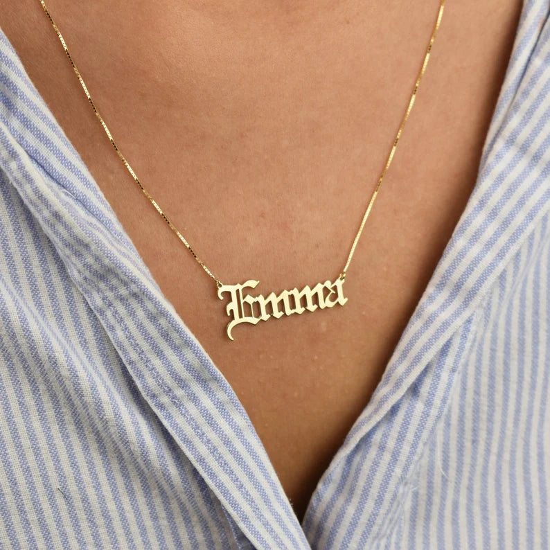 24K Gold Plated Personalize Old English Style Name Necklace