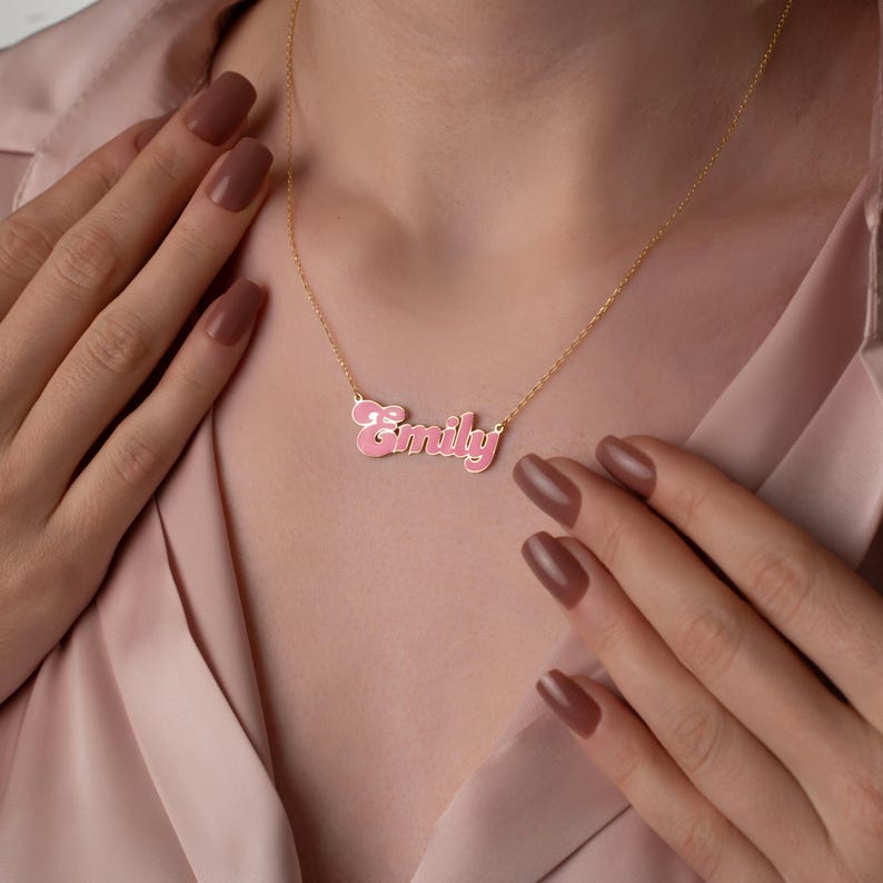 24K Gold Plated Personalized Pink Doll Style Enamel Name Necklace