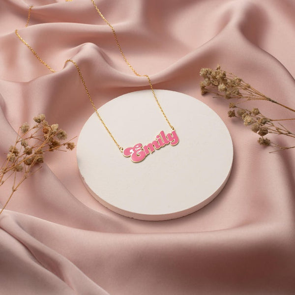 24K Gold Plated Personalized Pink Doll Style Enamel Name Necklace