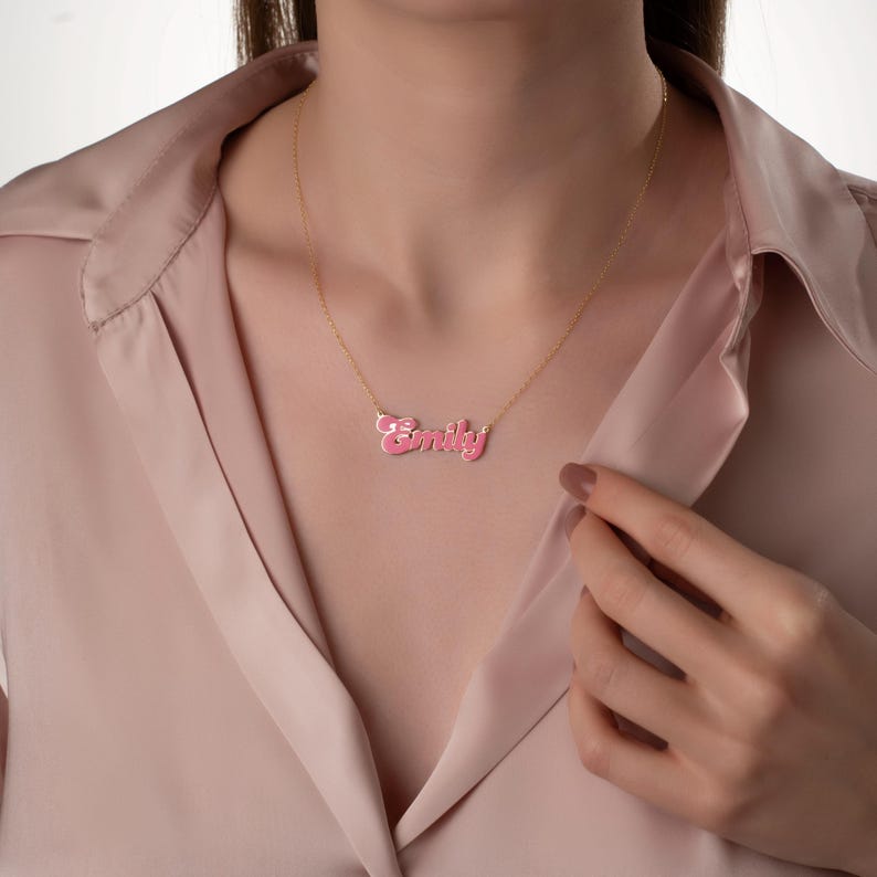 24K Gold Plated Personalized Pink Doll Style Enamel Name Necklace