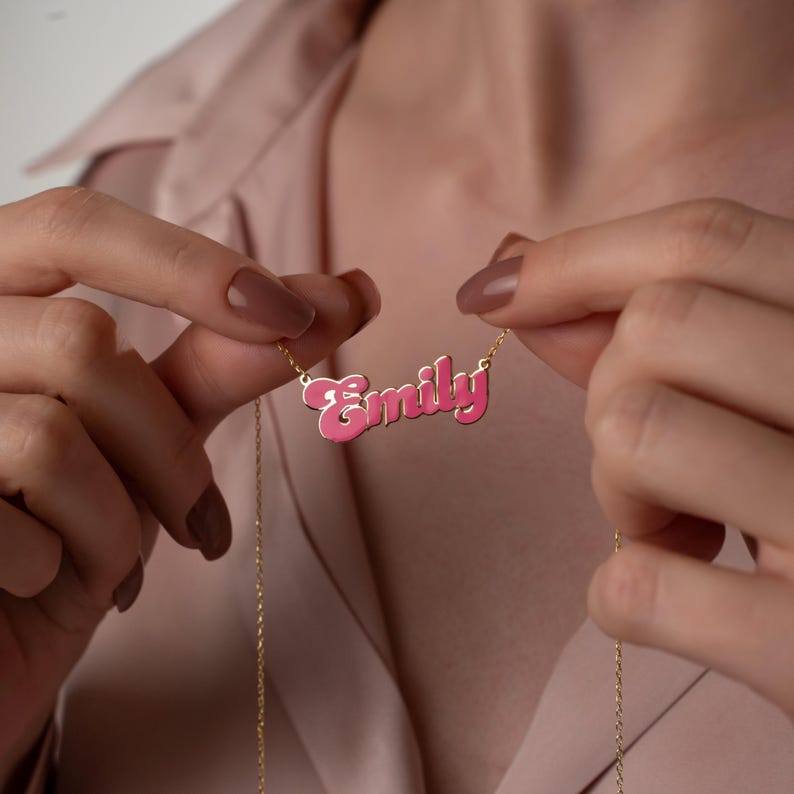 24K Gold Plated Personalized Pink Doll Style Enamel Name Necklace