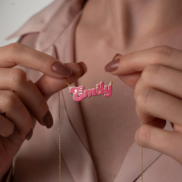 24K Gold Plated Personalized Pink Doll Style Enamel Name Necklace