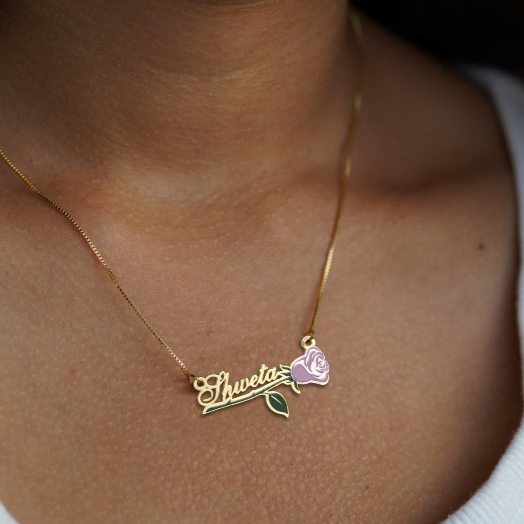 24K Gold Plated Personalize Enamel Rose with Name Necklace
