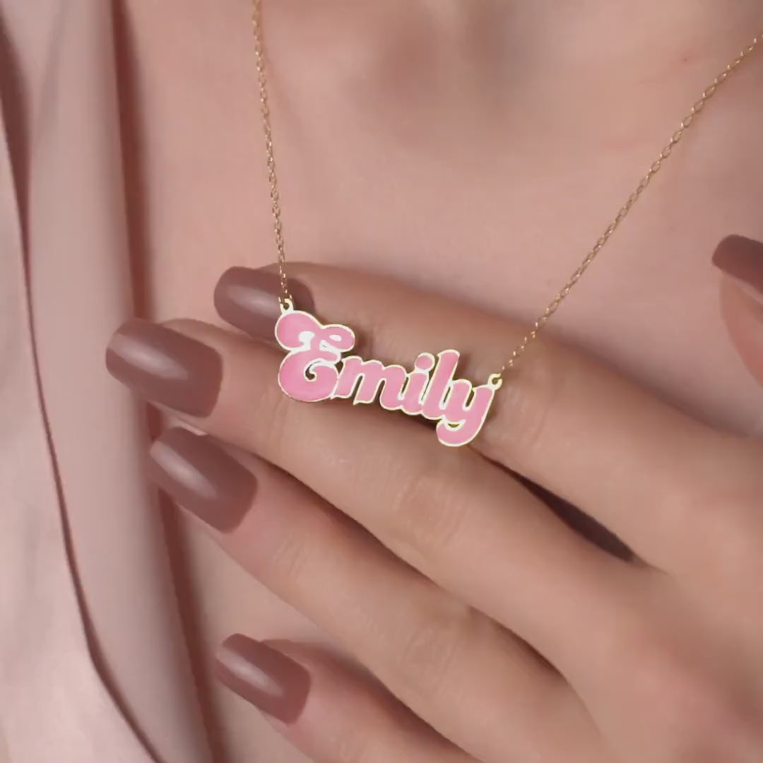 24K Gold Plated Personalized Pink Doll Style Enamel Name Necklace