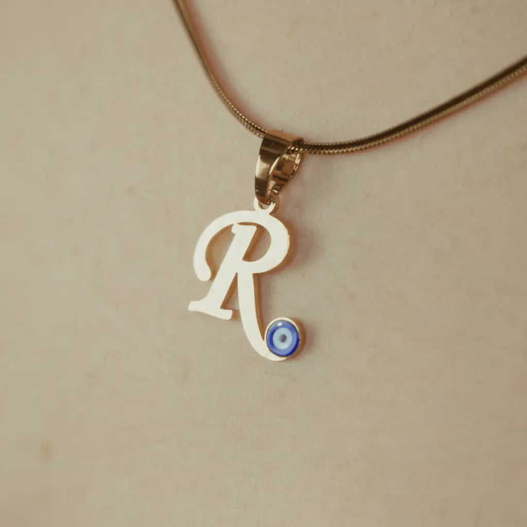 24K Gold Plated Personalize Single Alphabate Enamel Evil Eye Name Necklace