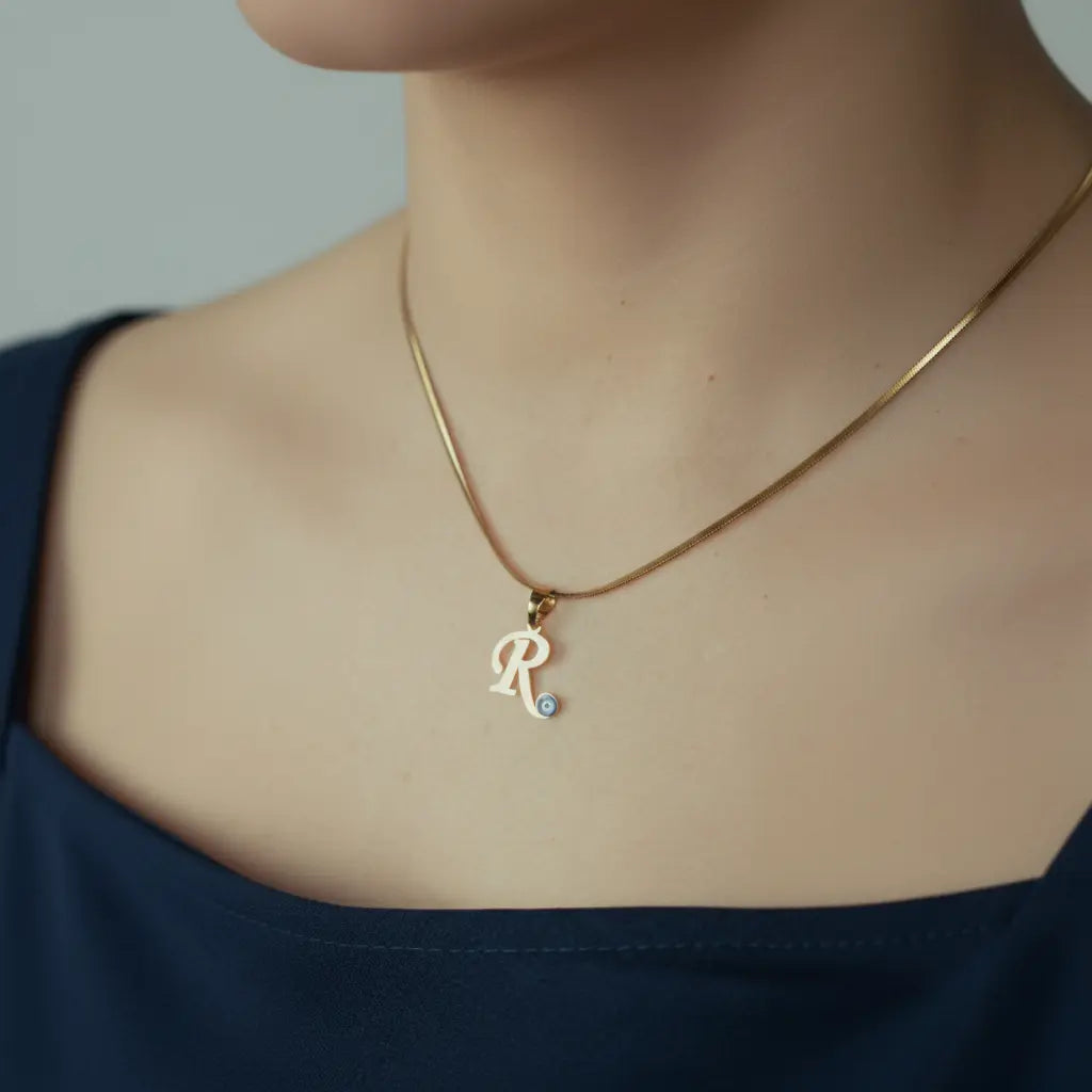 24K Gold Plated Personalize Single Alphabate Enamel Evil Eye Name Necklace
